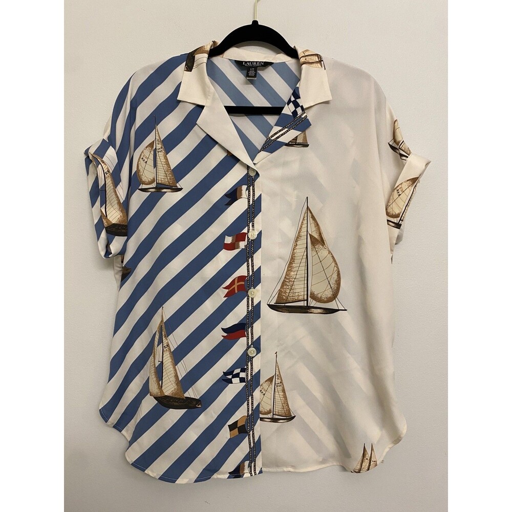 Lauren Ralph Lauren Sailboat Print Crepe Camp Shirt Women’s L Blouse Nautical